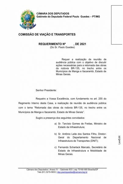 Requerimento BR-135 entre Itacarambi e Manga